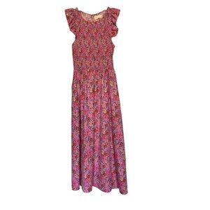 Melloday Floral‎ Maxi Dress - Smocked Top & Ruffle Sleeves w/Pockets Size S